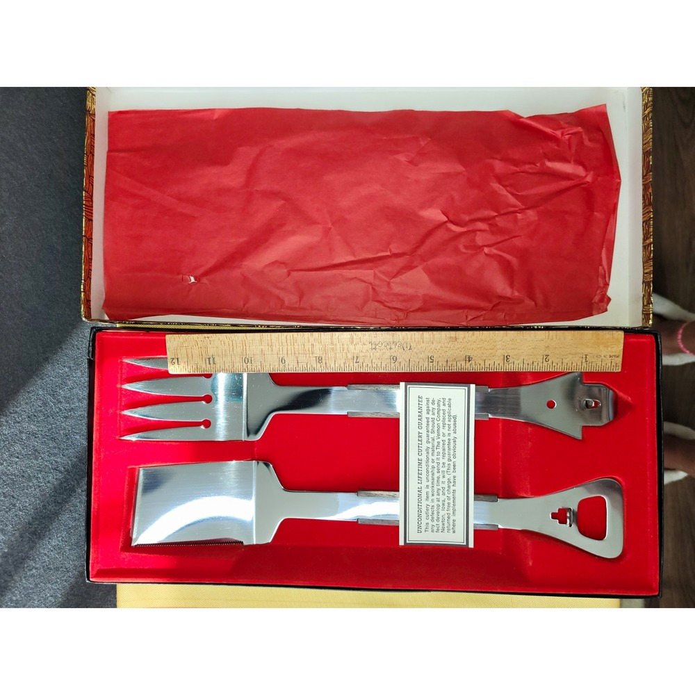 Vintage Vermco Chef-Tong Stainless Steel/Wood BBQ Bar Set Bottle Spatula Fork